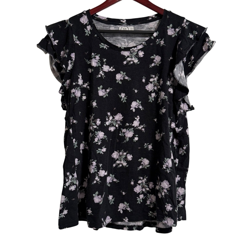 Maurices Black Floral Short Sleeve Tee with Ruffle Sleeves